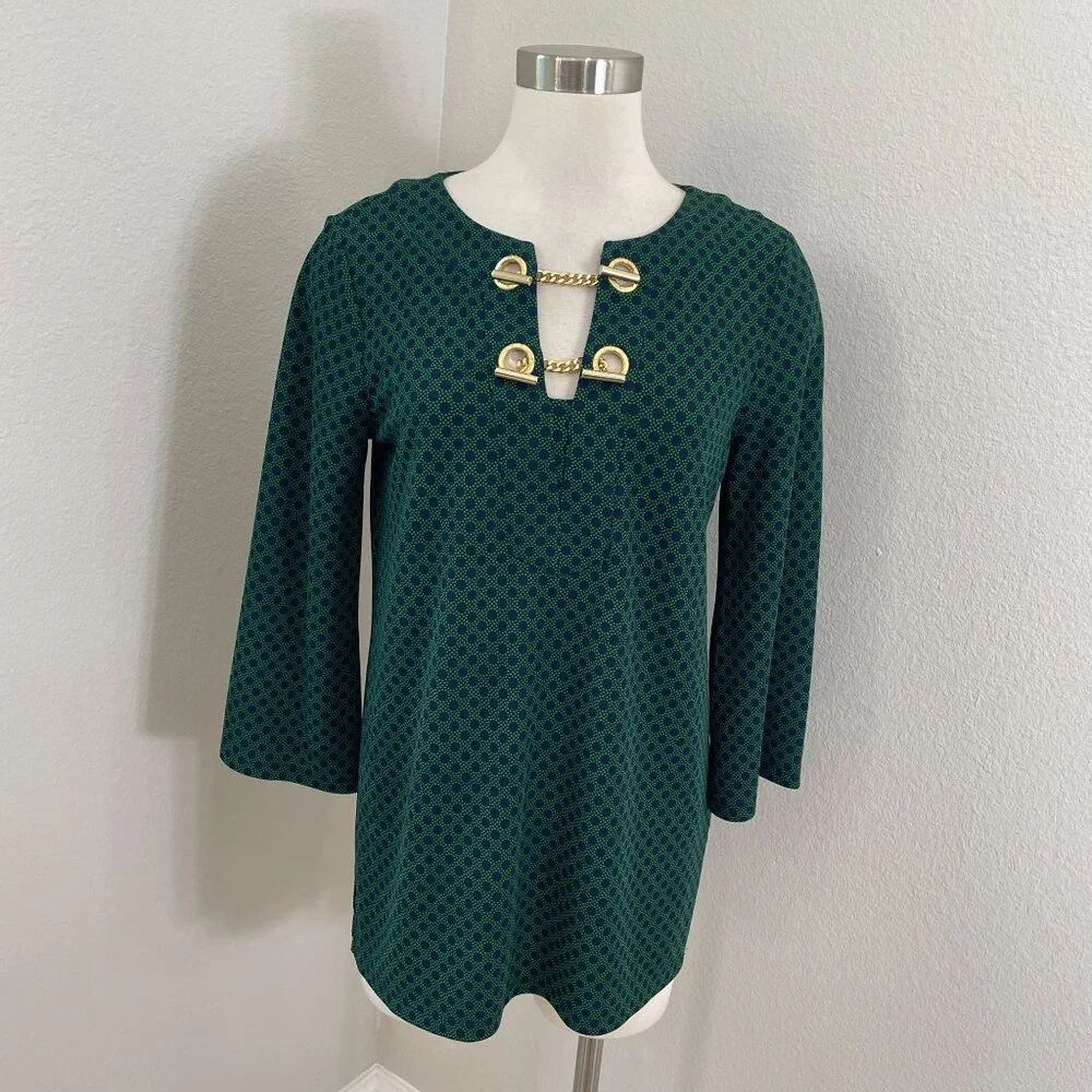 Michael Kors Womens Medium Green‎ Navy Polka Dot Tunic Top Gold Chain Detail